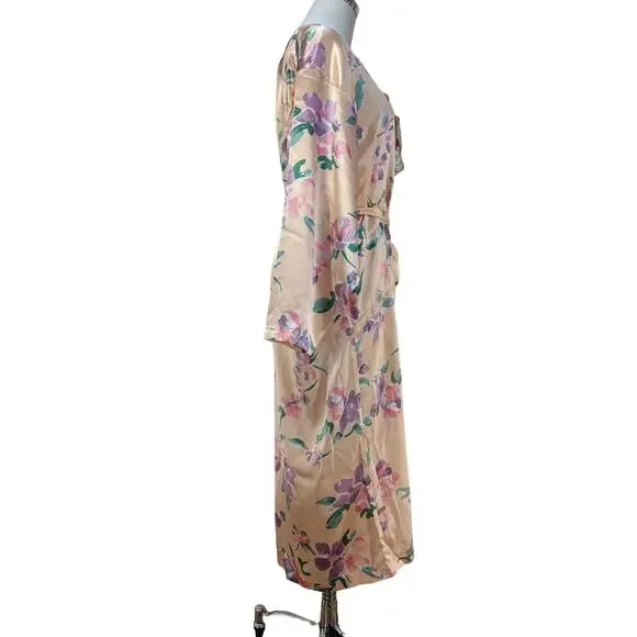 Victoria's Secret Long Printed Floral Pastel Pink Robe Vintage Gold Label